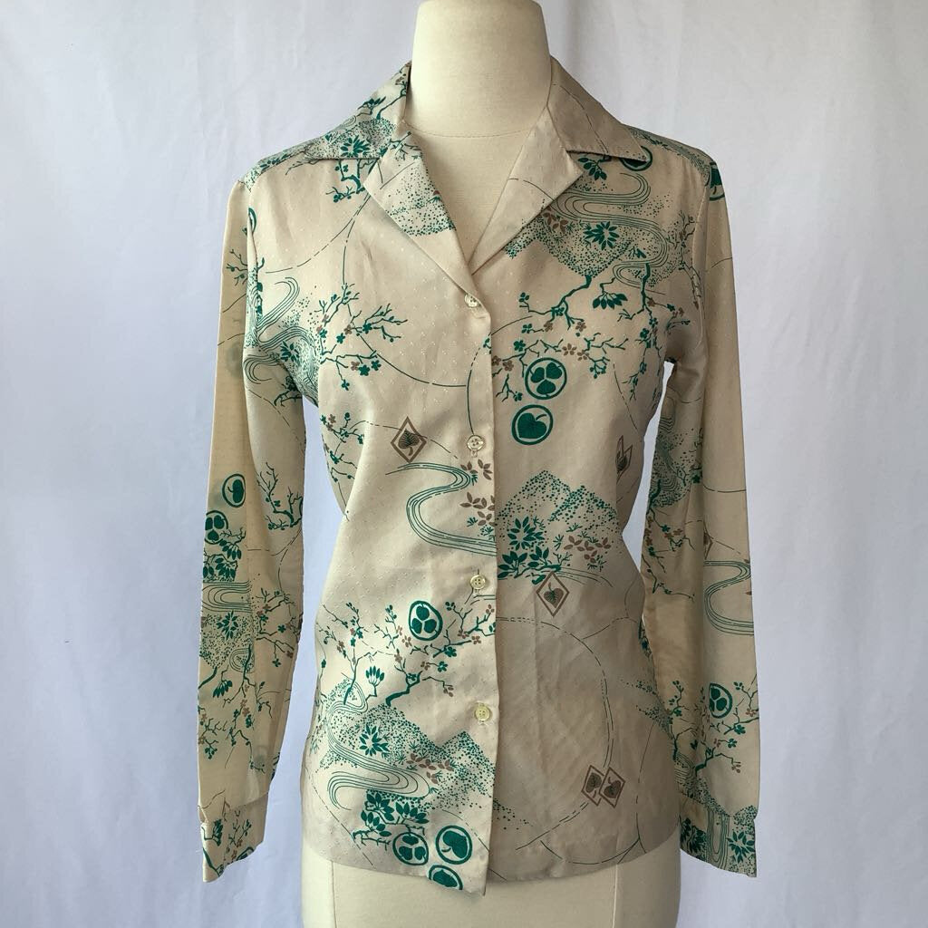 1970s Cream and Green Nature Print Blouse