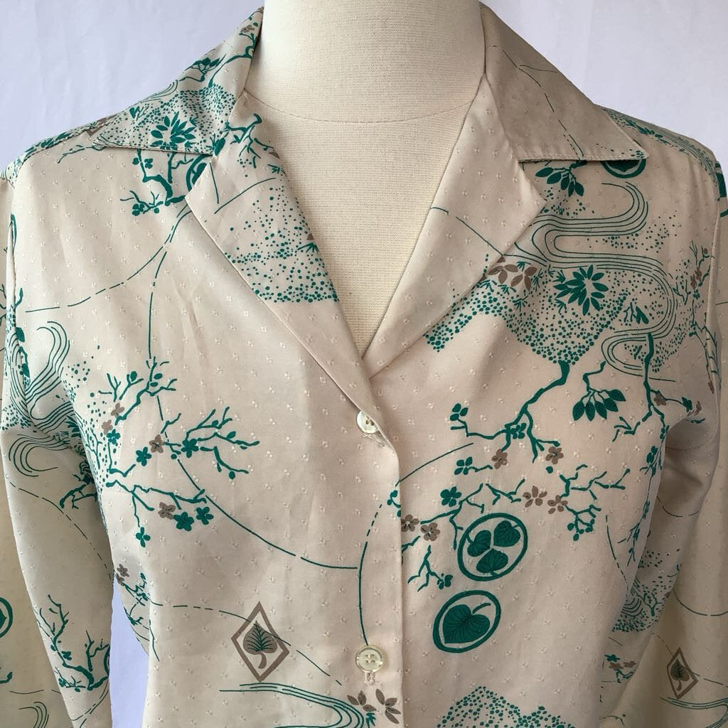 1970s Cream and Green Nature Print Blouse