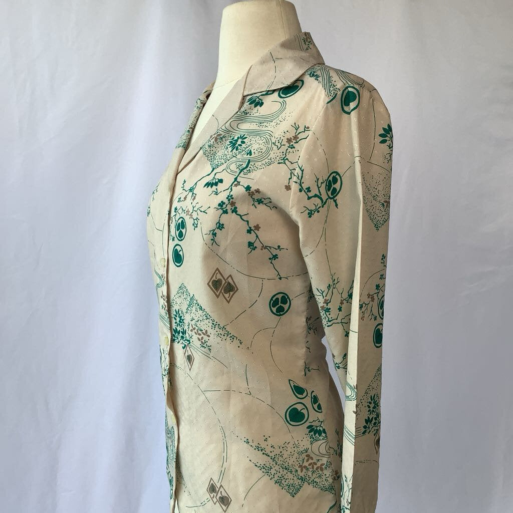 1970s Cream and Green Nature Print Blouse