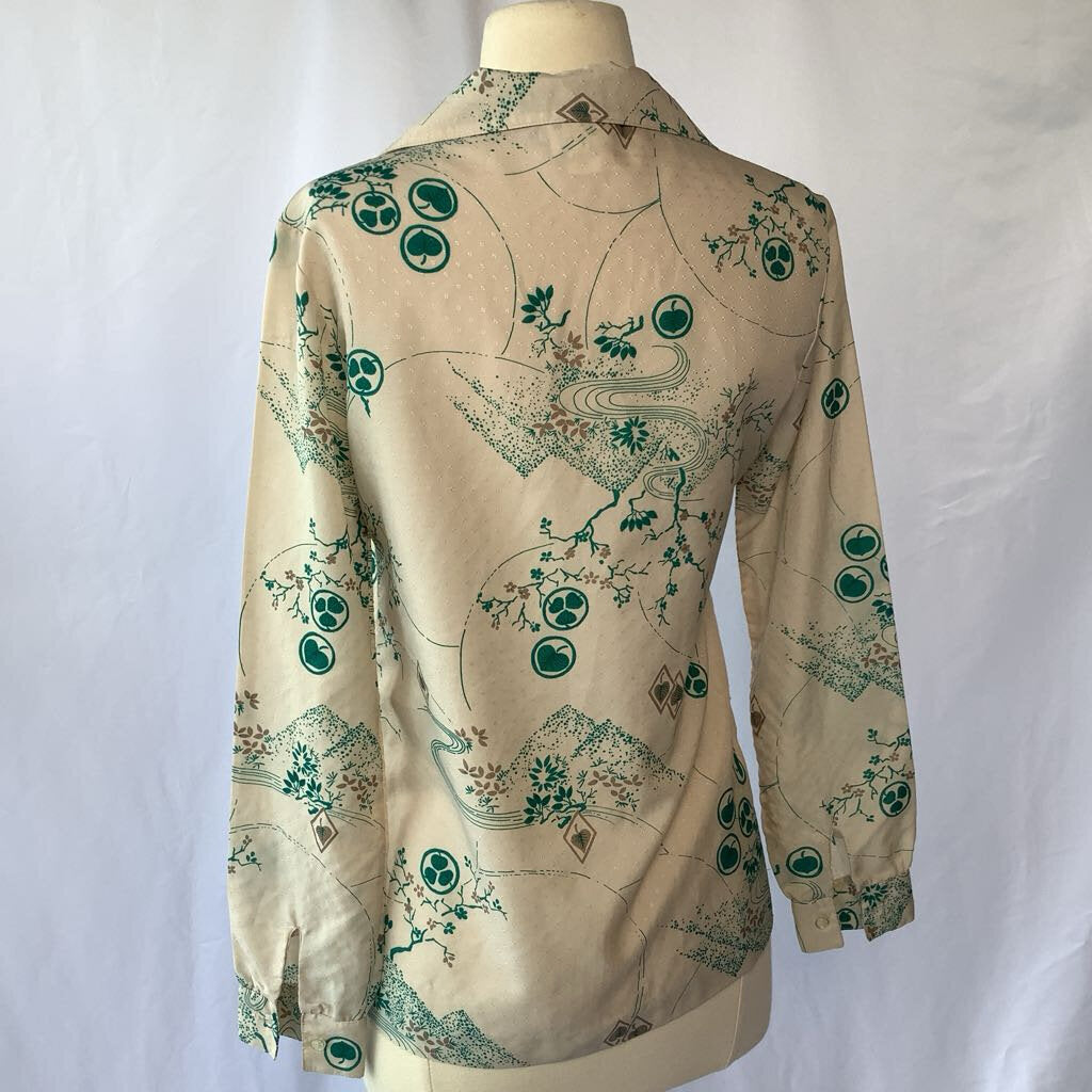 1970s Cream and Green Nature Print Blouse