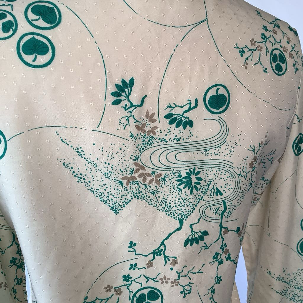 1970s Cream and Green Nature Print Blouse