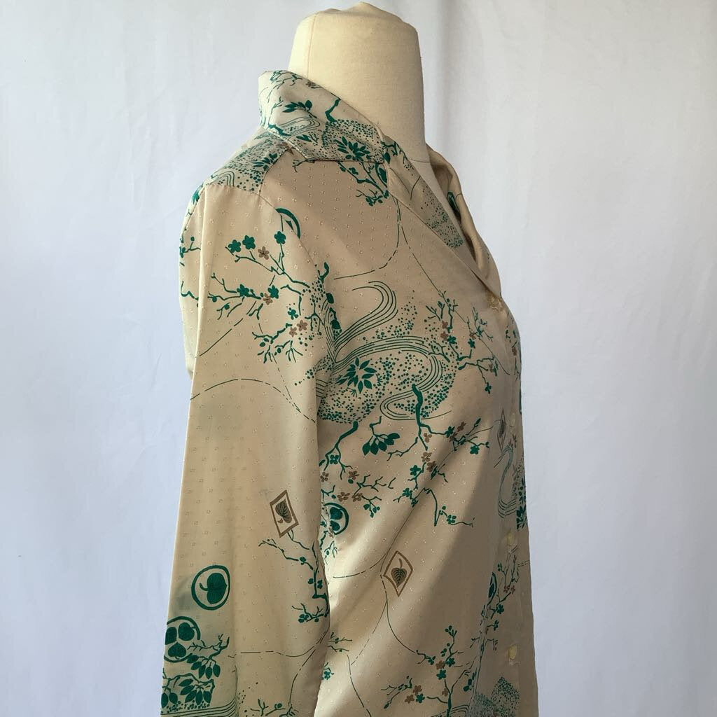 1970s Cream and Green Nature Print Blouse
