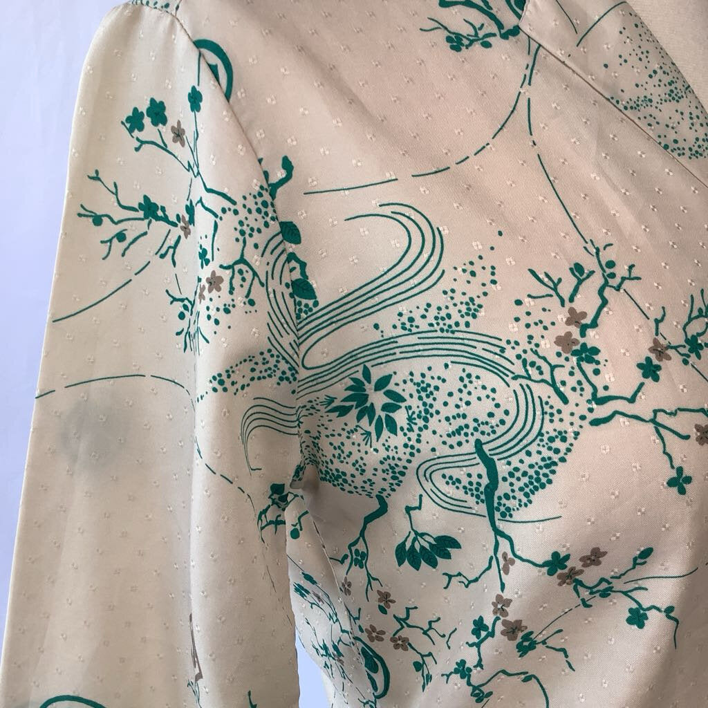 1970s Cream and Green Nature Print Blouse