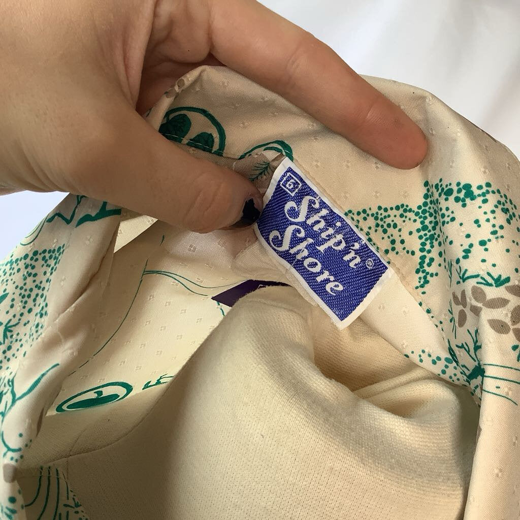 1970s Cream and Green Nature Print Blouse