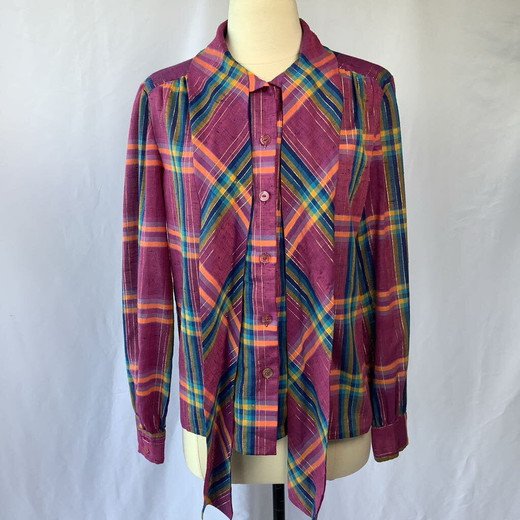 1970s Purple Plaid Button w/ Metal Thread & Neck Tie