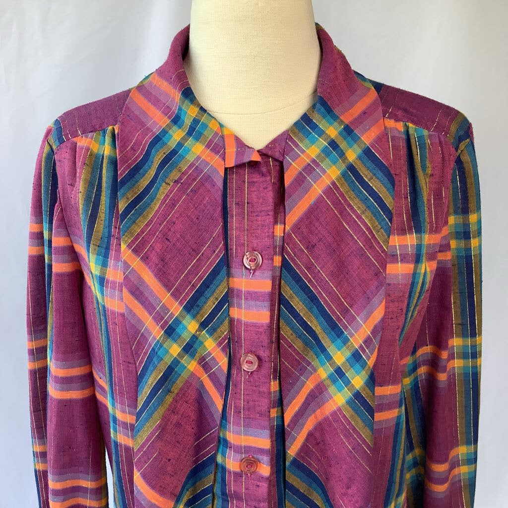 1970s Purple Plaid Button w/ Metal Thread & Neck Tie