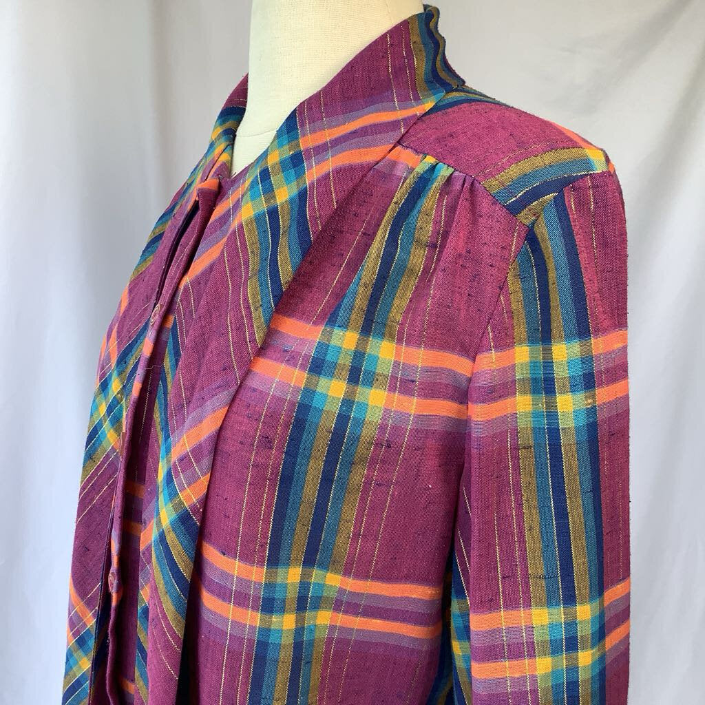 1970s Purple Plaid Button w/ Metal Thread & Neck Tie