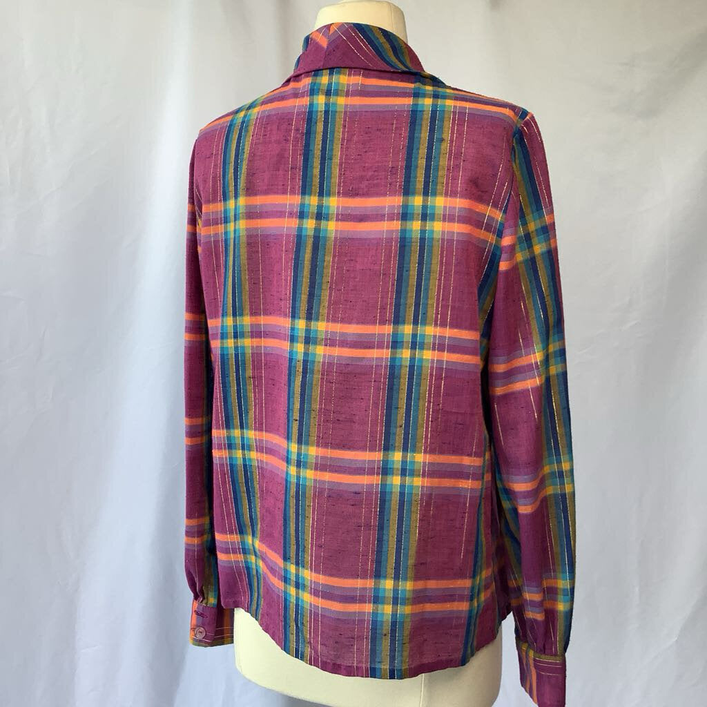 1970s Purple Plaid Button w/ Metal Thread & Neck Tie