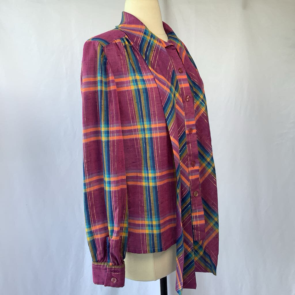 1970s Purple Plaid Button w/ Metal Thread & Neck Tie
