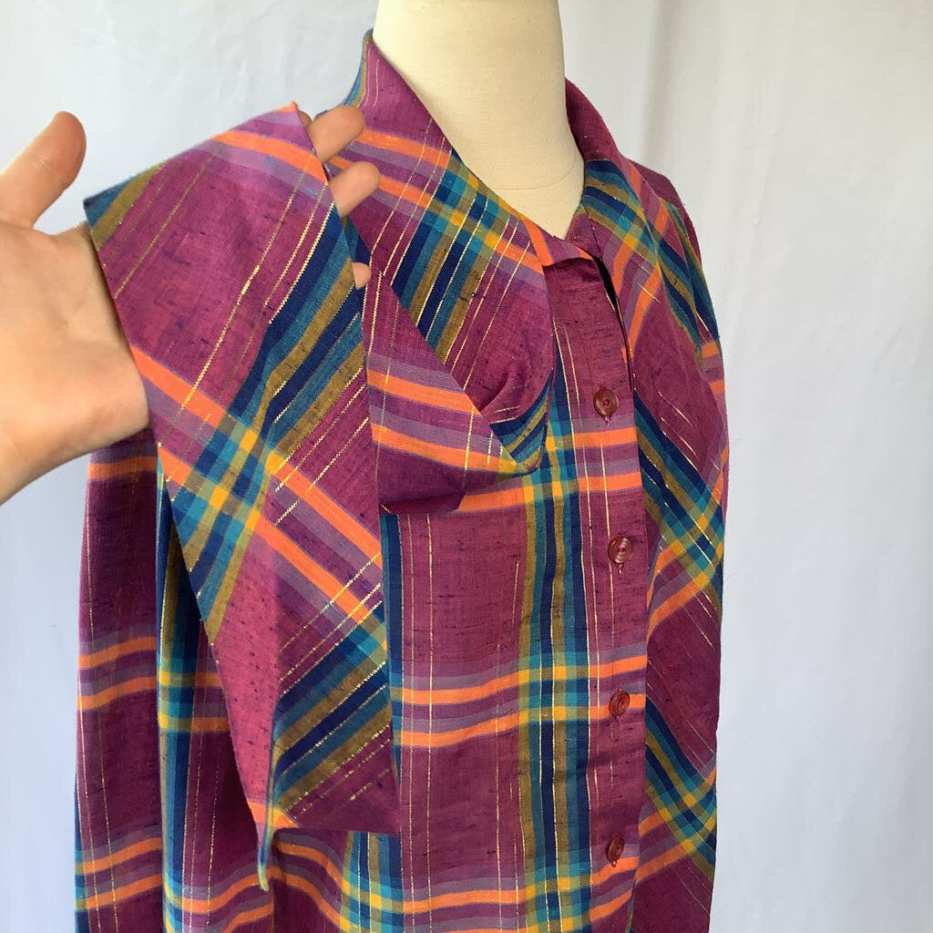 1970s Purple Plaid Button w/ Metal Thread & Neck Tie