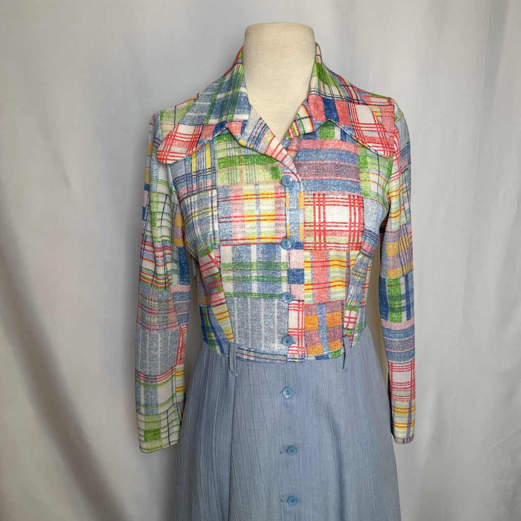 1970s Plaid Polyester Rounded Wing Collar Dress