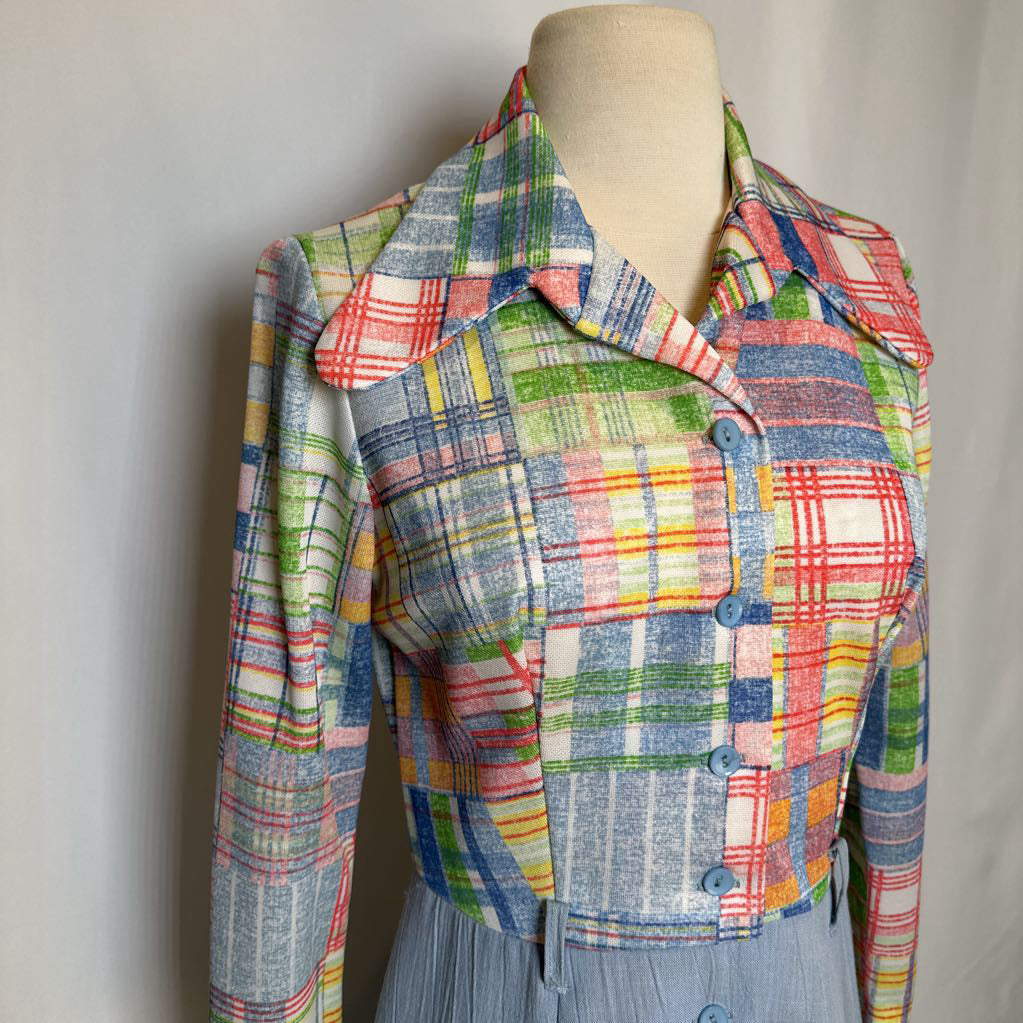 1970s Plaid Polyester Rounded Wing Collar Dress