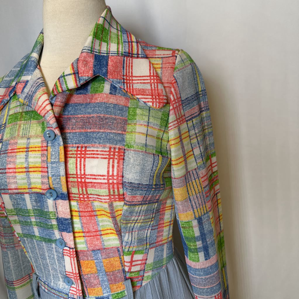 1970s Plaid Polyester Rounded Wing Collar Dress