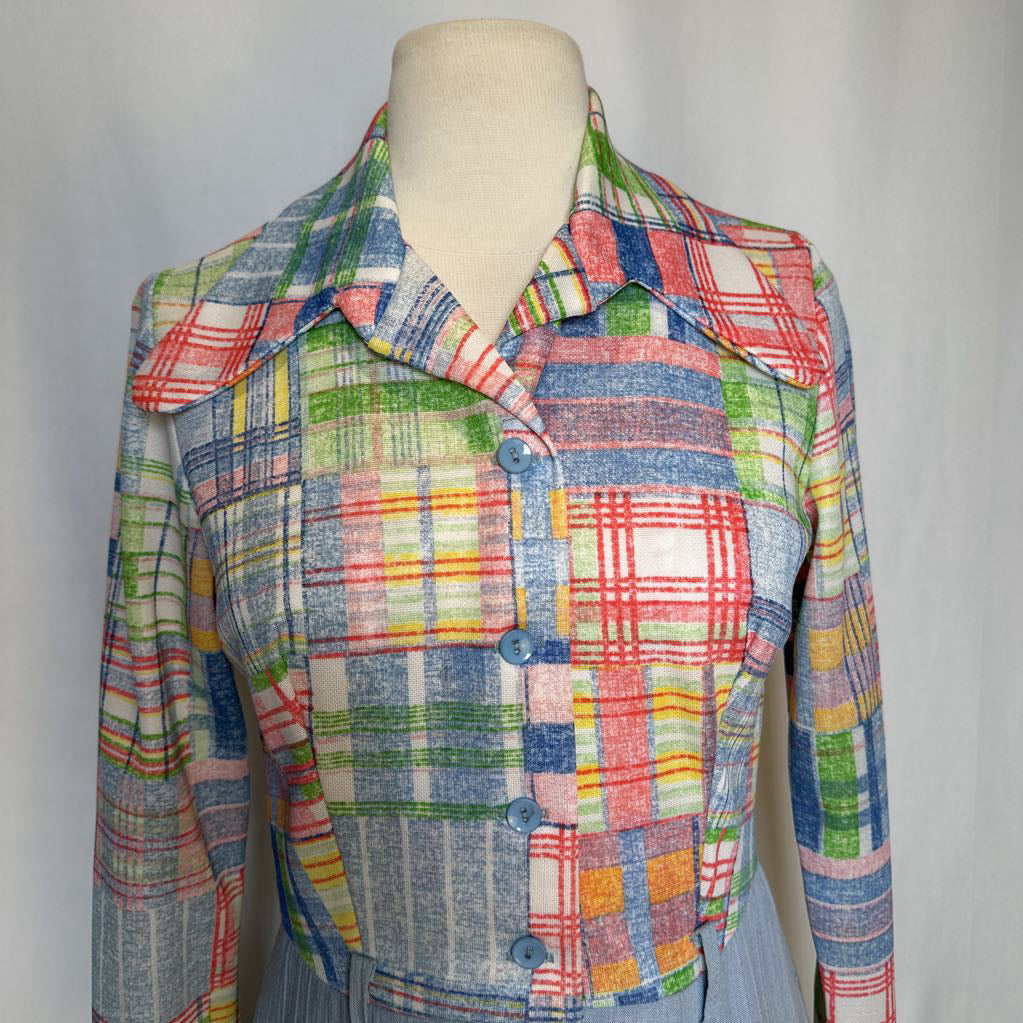 1970s Plaid Polyester Rounded Wing Collar Dress