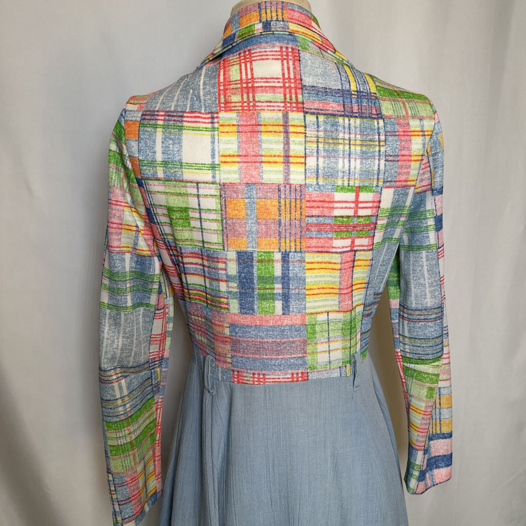 1970s Plaid Polyester Rounded Wing Collar Dress