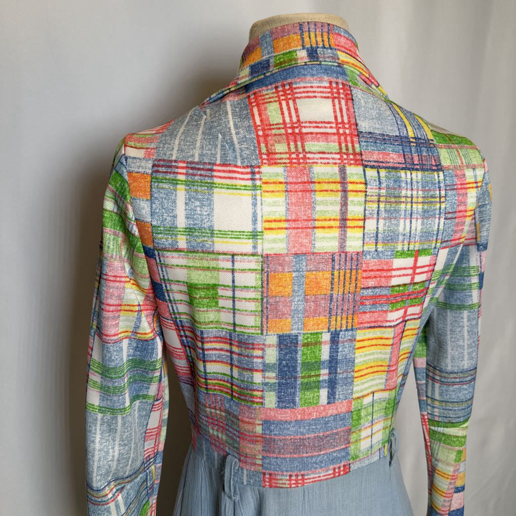 1970s Plaid Polyester Rounded Wing Collar Dress