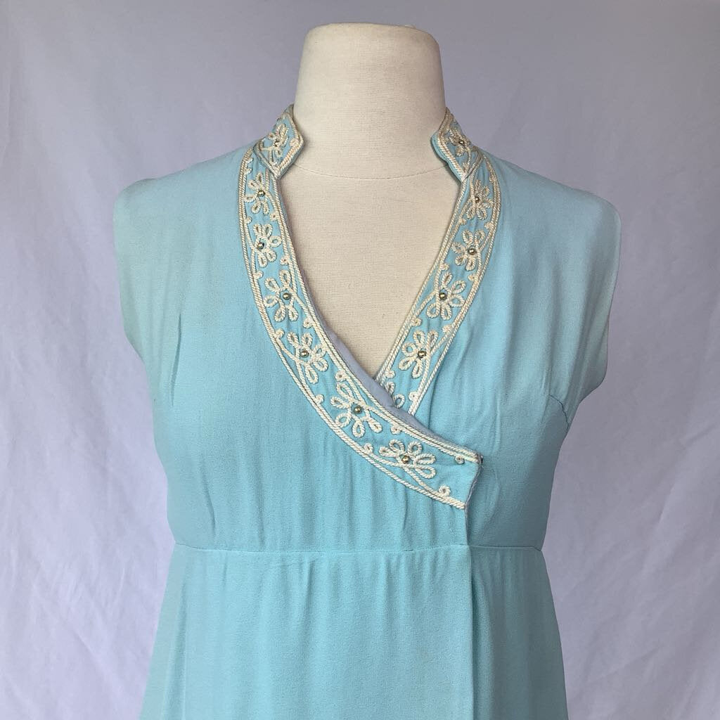 1960s Blue Rayon Embellished Mini Dress