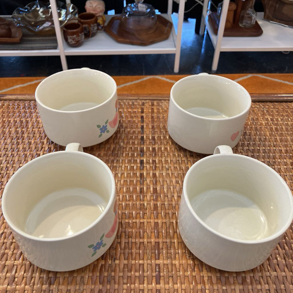Vintage Interpur Pennsylvania Dutch Love Birds & Folk Art Ceramic Soup Bowls (4)