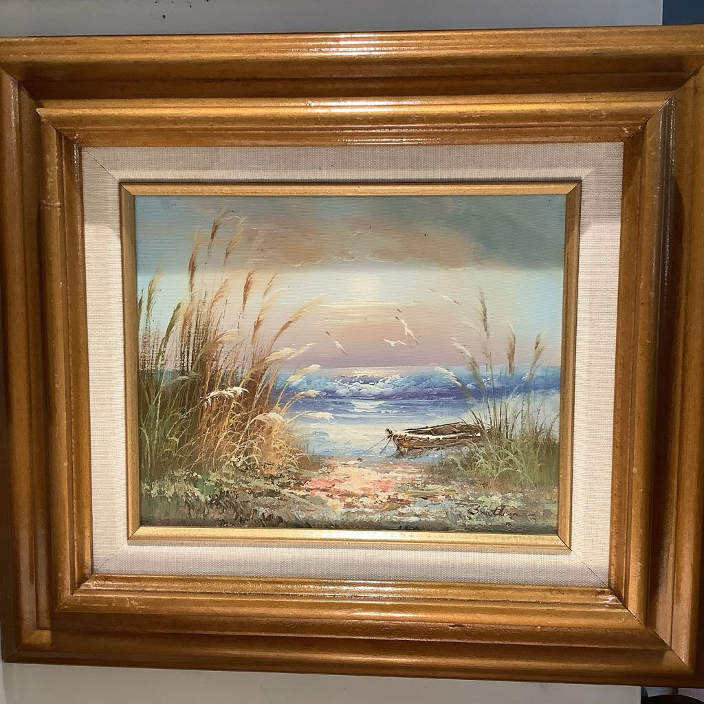 Vintage Oil Painting Boat on Beach