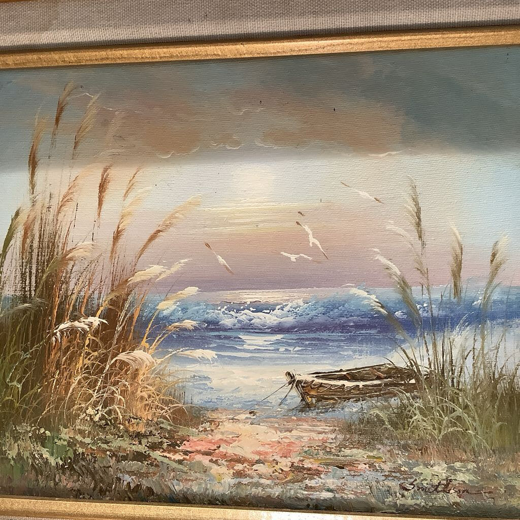 Vintage Oil Painting Boat on Beach