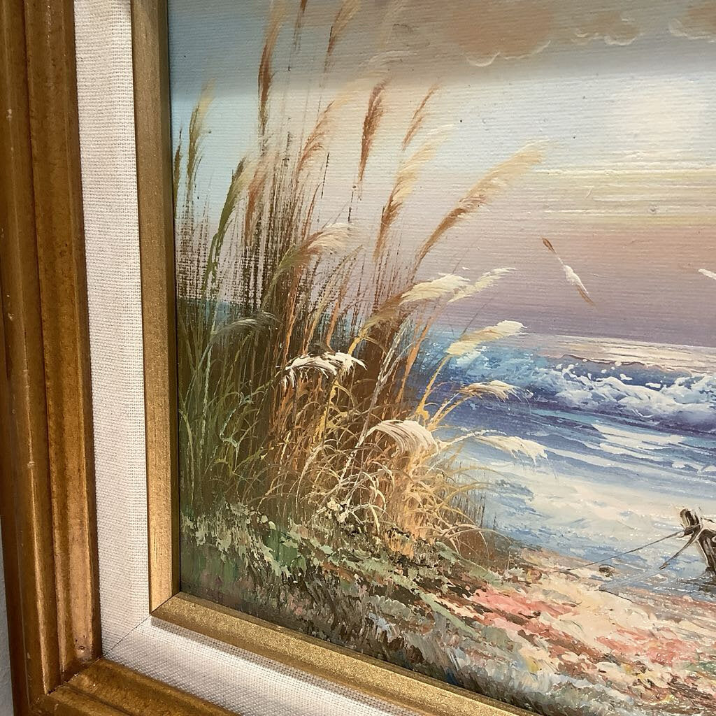 Vintage Oil Painting Boat on Beach