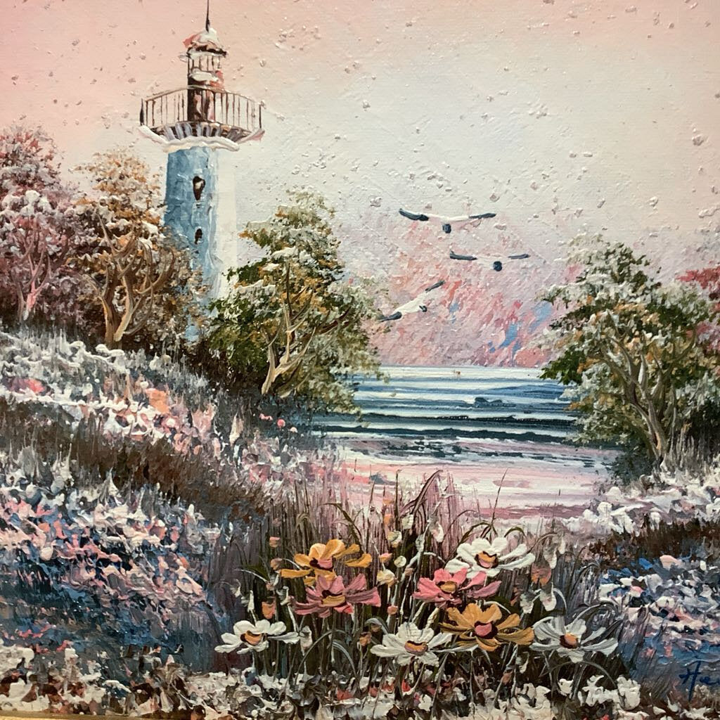 Vintage Oil on Canvas Lighthouse