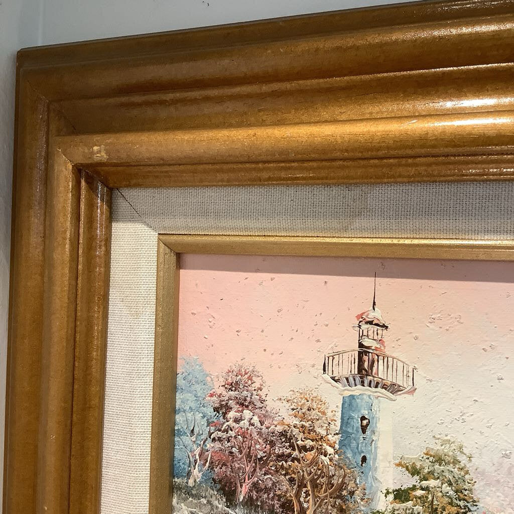 Vintage Oil on Canvas Lighthouse