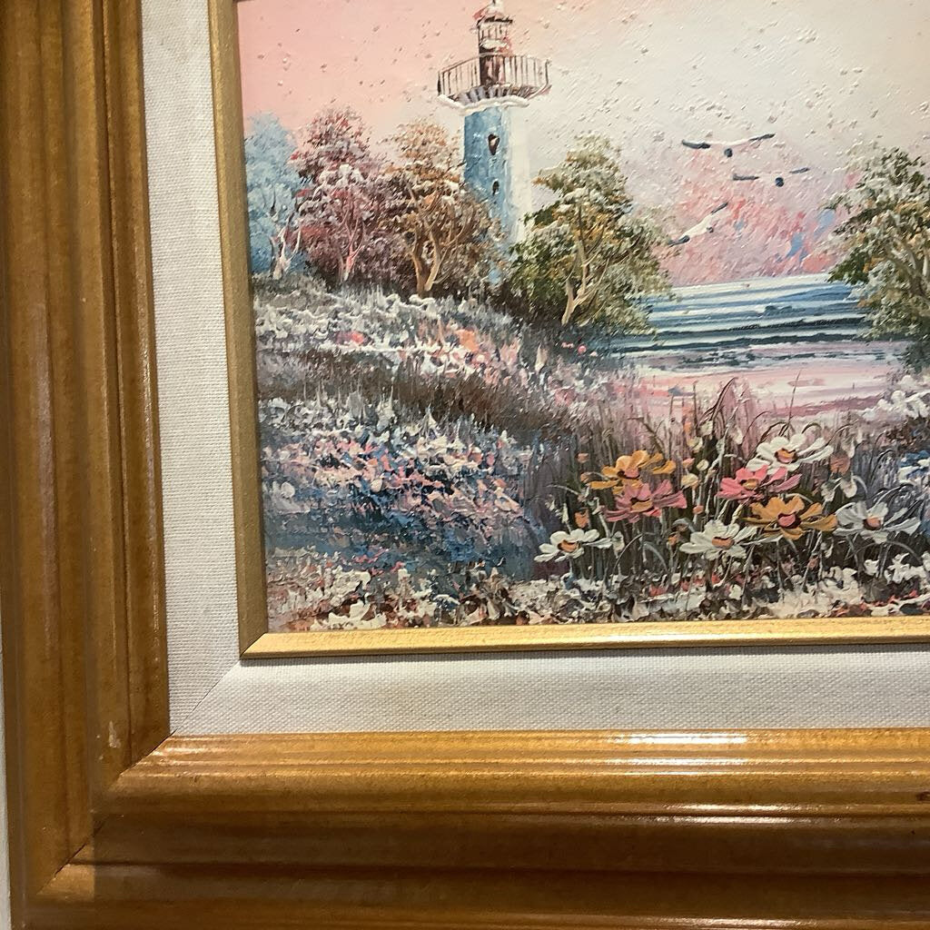 Vintage Oil on Canvas Lighthouse