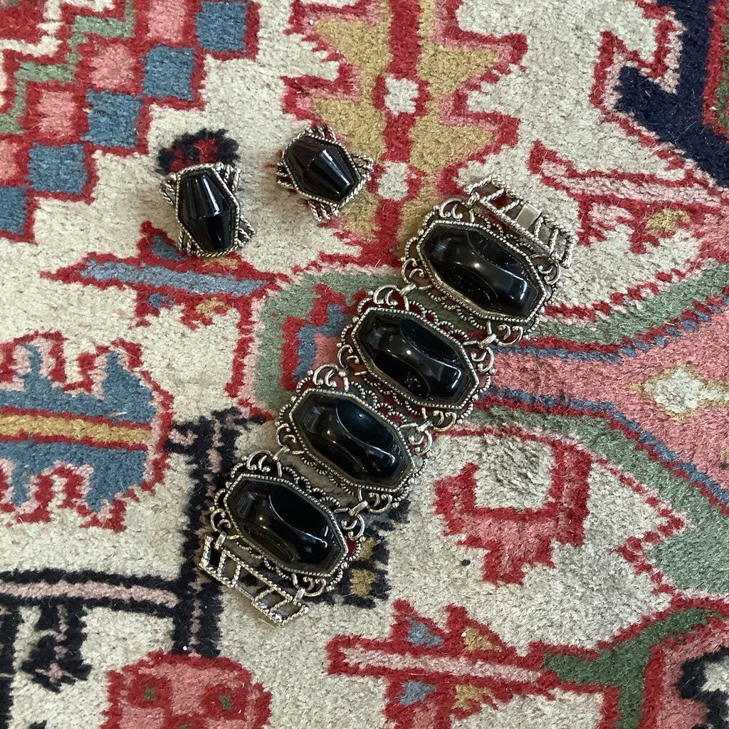 50s Demi Parure Faux Onyx Bracelet and Earrings