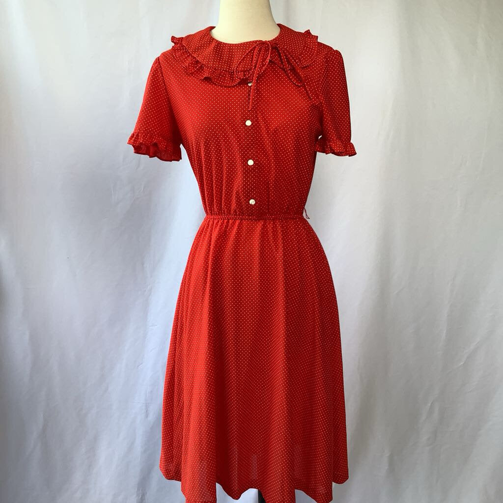 1980s Red Polka Dot Dress w/ Side Necktie and Ruffles