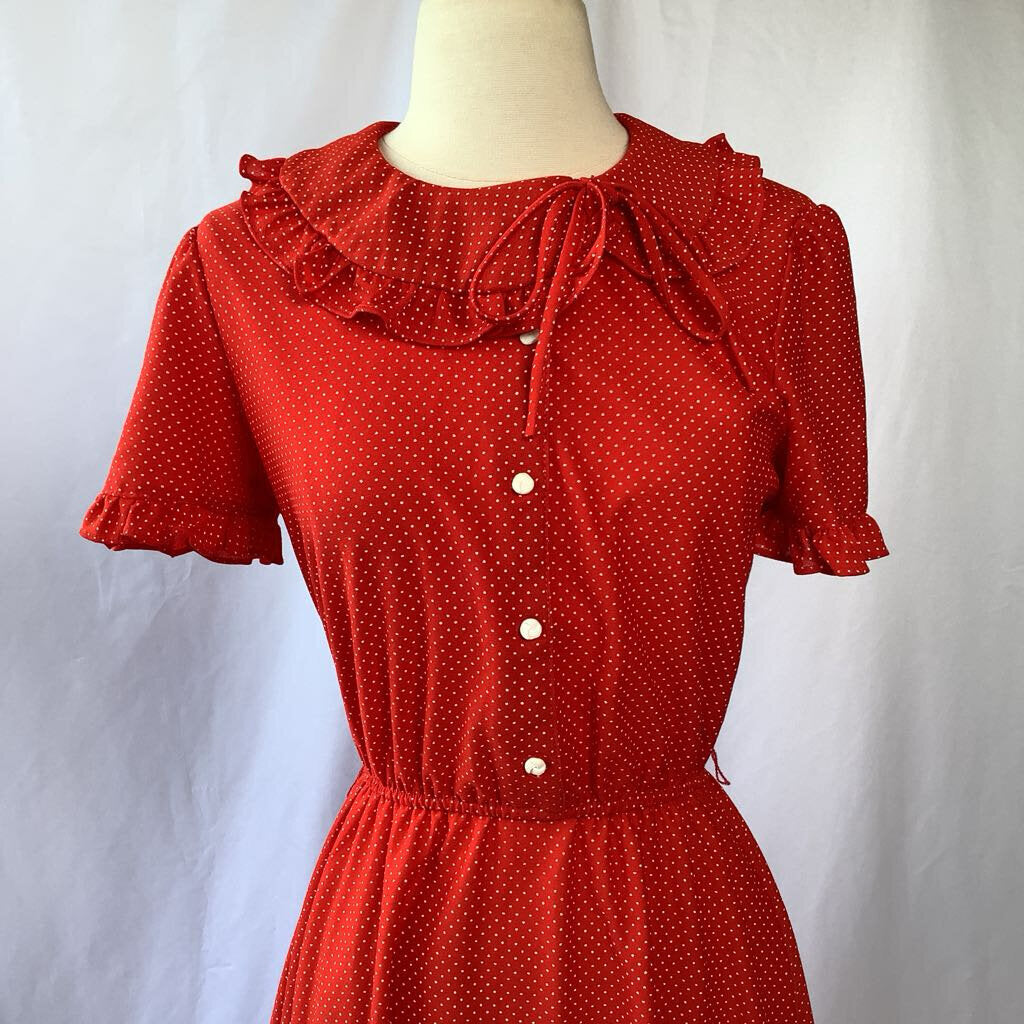1980s Red Polka Dot Dress w/ Side Necktie and Ruffles