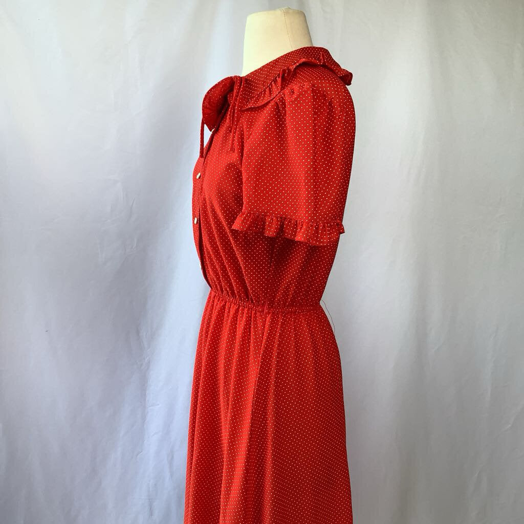 1980s Red Polka Dot Dress w/ Side Necktie and Ruffles