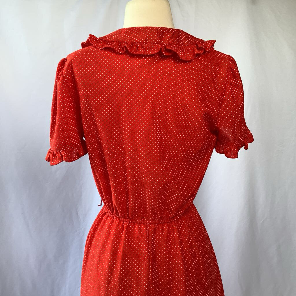 1980s Red Polka Dot Dress w/ Side Necktie and Ruffles