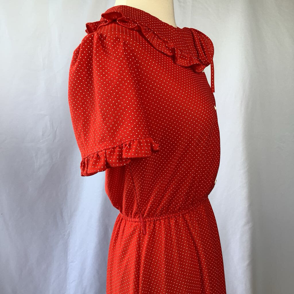 1980s Red Polka Dot Dress w/ Side Necktie and Ruffles