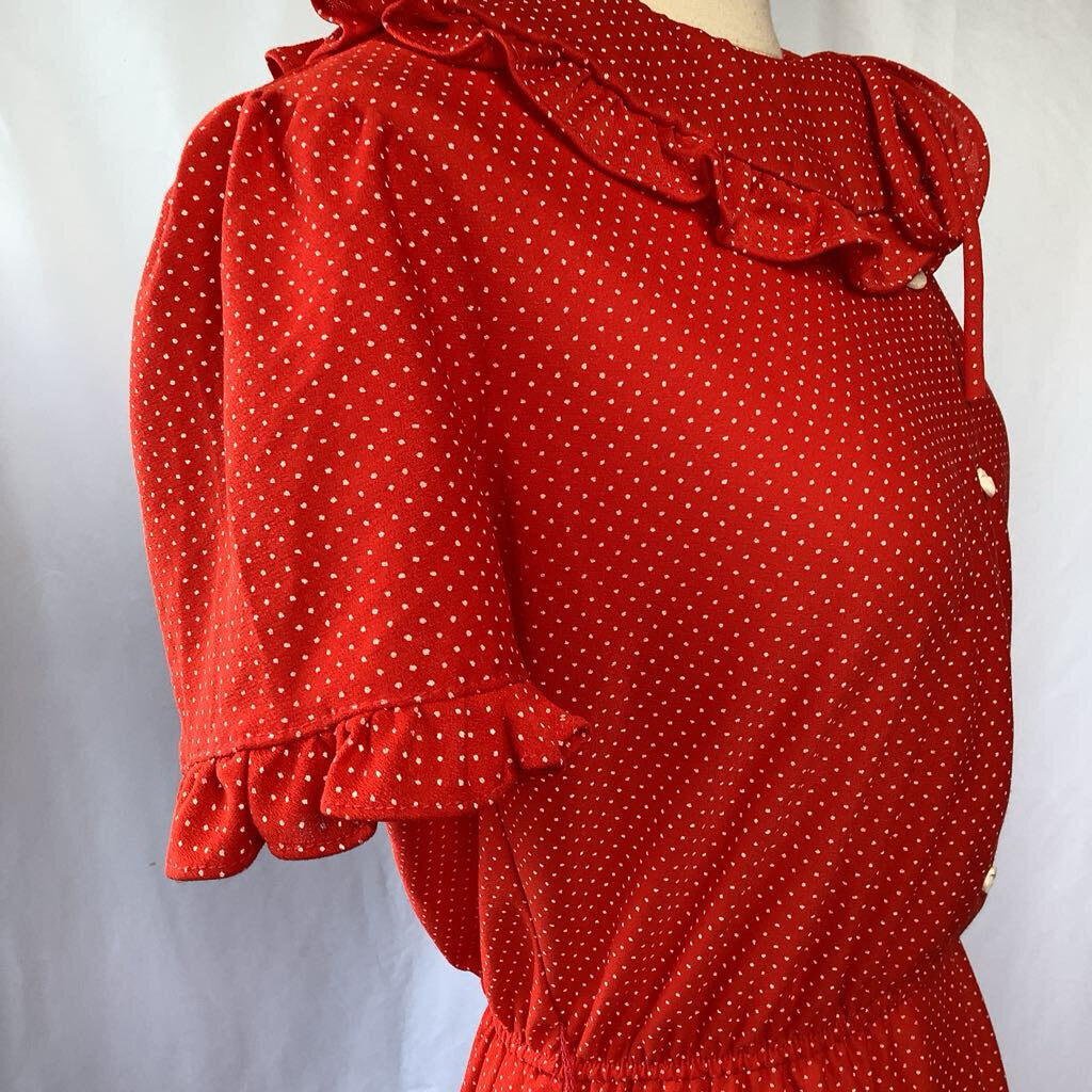 1980s Red Polka Dot Dress w/ Side Necktie and Ruffles