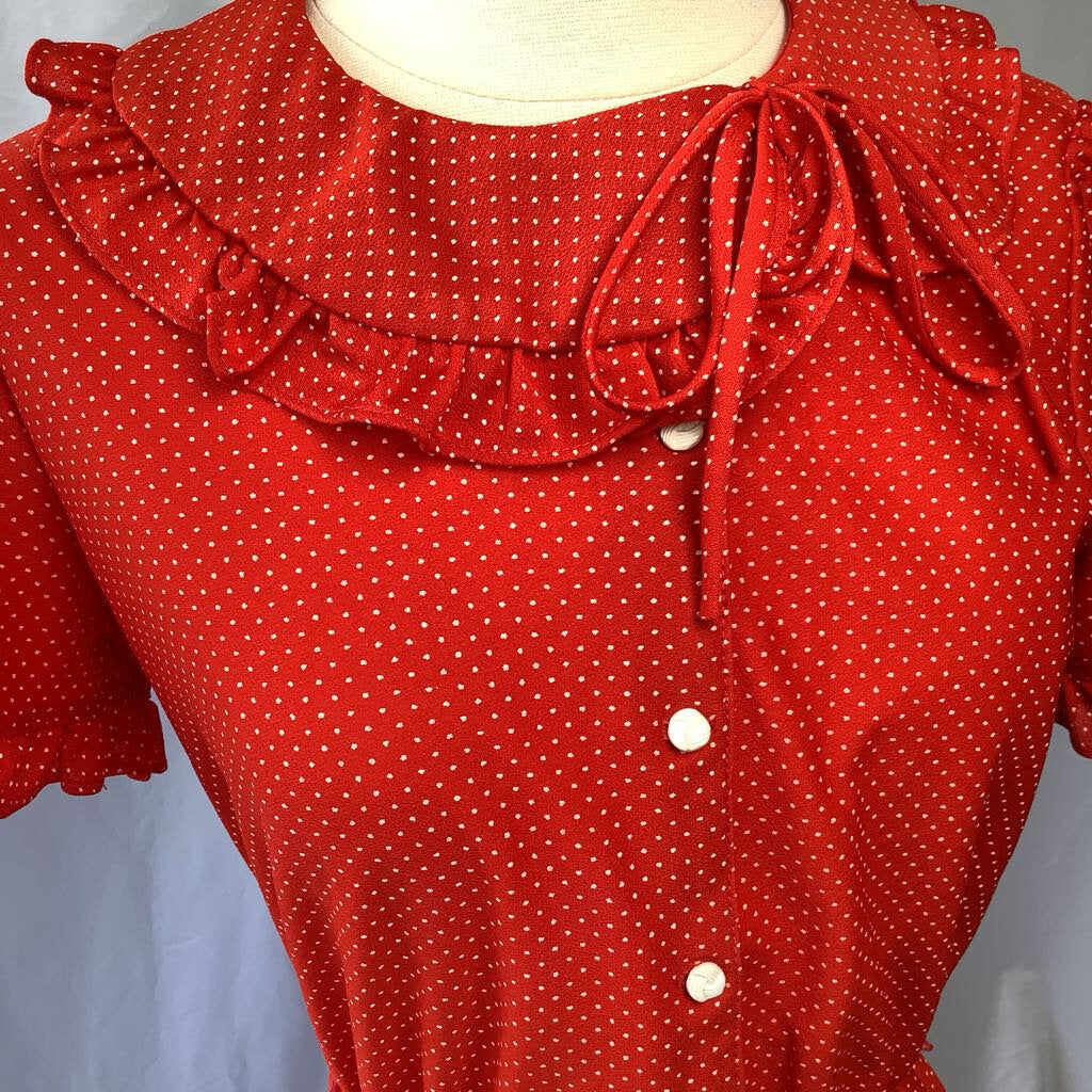 1980s Red Polka Dot Dress w/ Side Necktie and Ruffles
