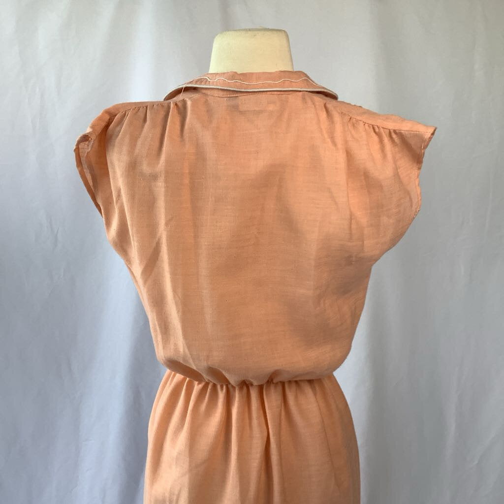 1970s Peach Day Dress w/ Embroidered Neck