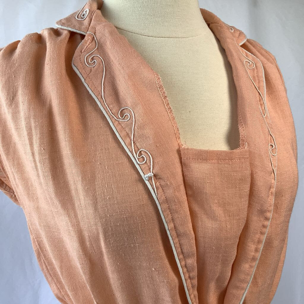 1970s Peach Day Dress w/ Embroidered Neck