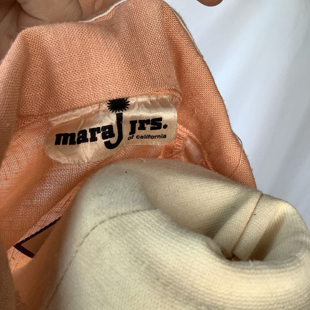 1970s Peach Day Dress w/ Embroidered Neck
