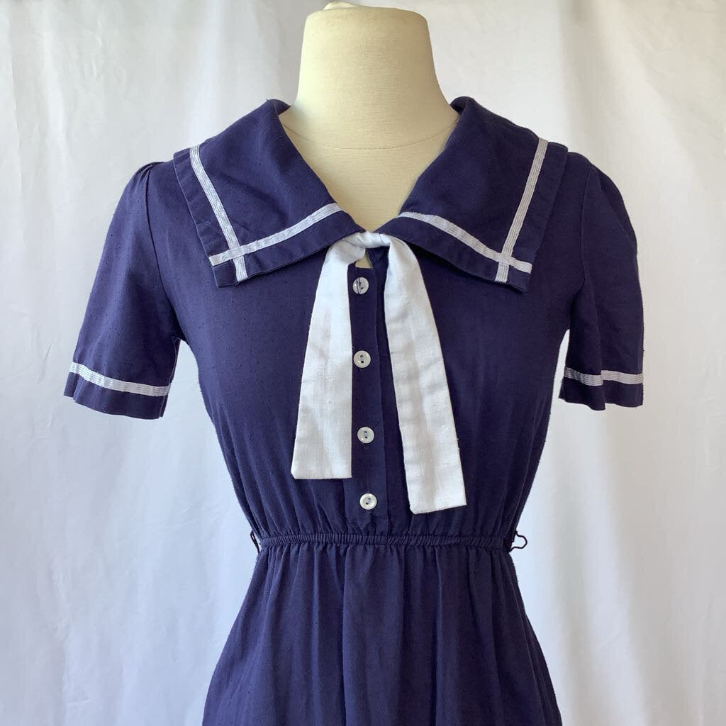 1980s Navy Day Dress with Oversized Collar