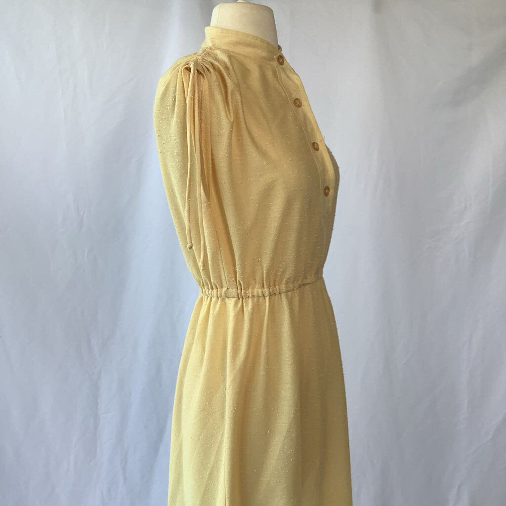 1970s Yellow Day Dress w/ Gathered Shoulders