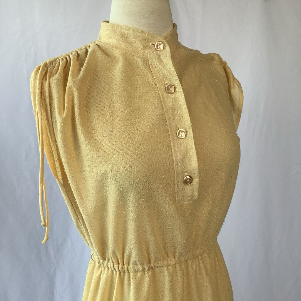 1970s Yellow Day Dress w/ Gathered Shoulders