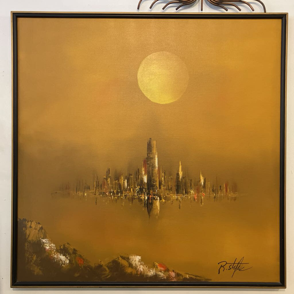 Mid Century Modern Cityscape Oil Painting