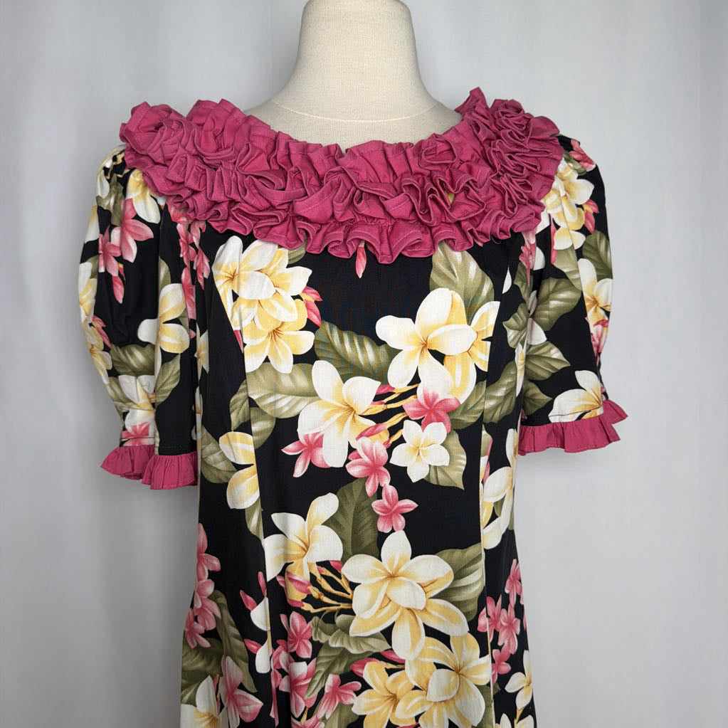 long floral dress against white background with pink ruffles