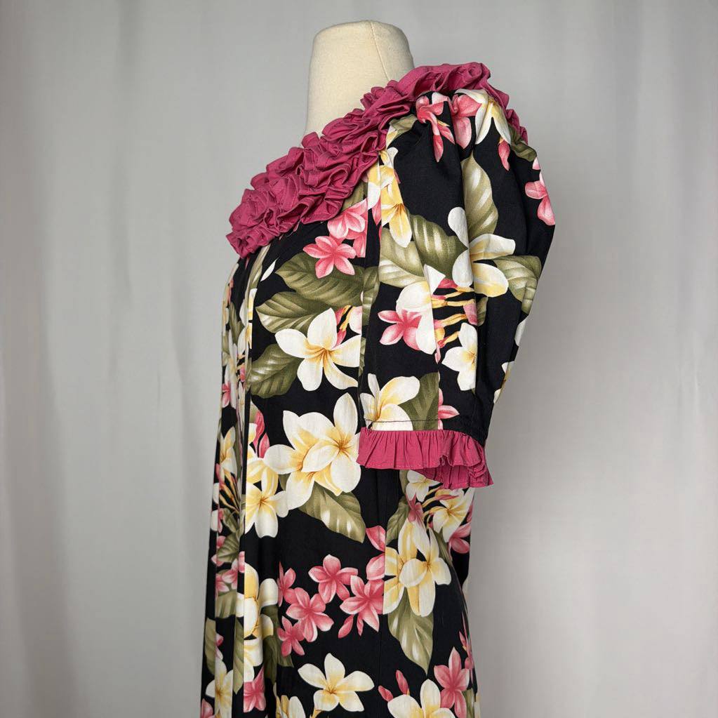 long floral dress against white background with pink ruffles