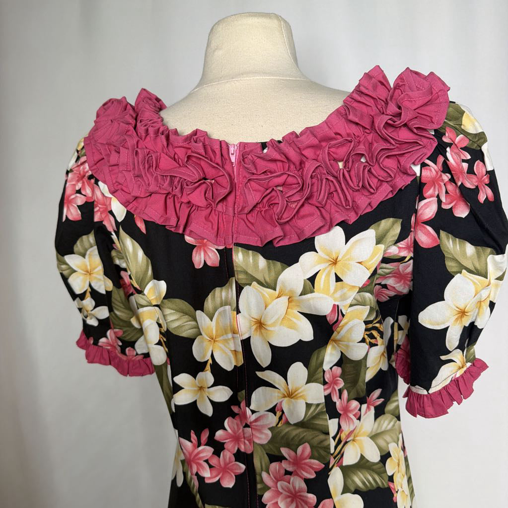 long floral dress against white background with pink ruffles