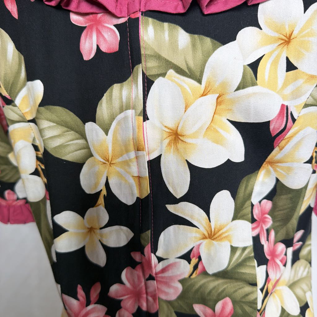 long floral dress against white background with pink ruffles