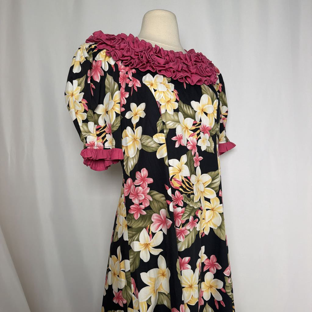 long floral dress against white background with pink ruffles