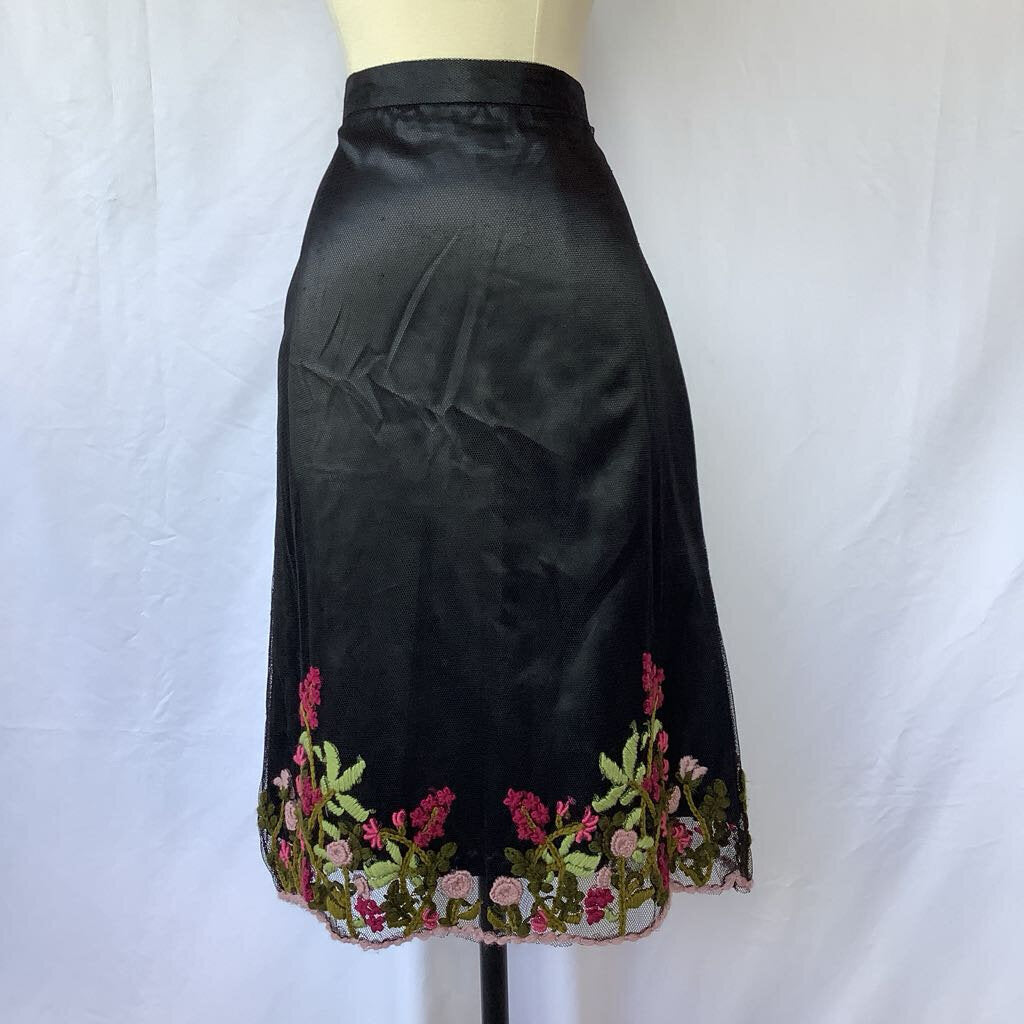 Black Skirt with Sheer Mesh Overlay and Embroidered Hem