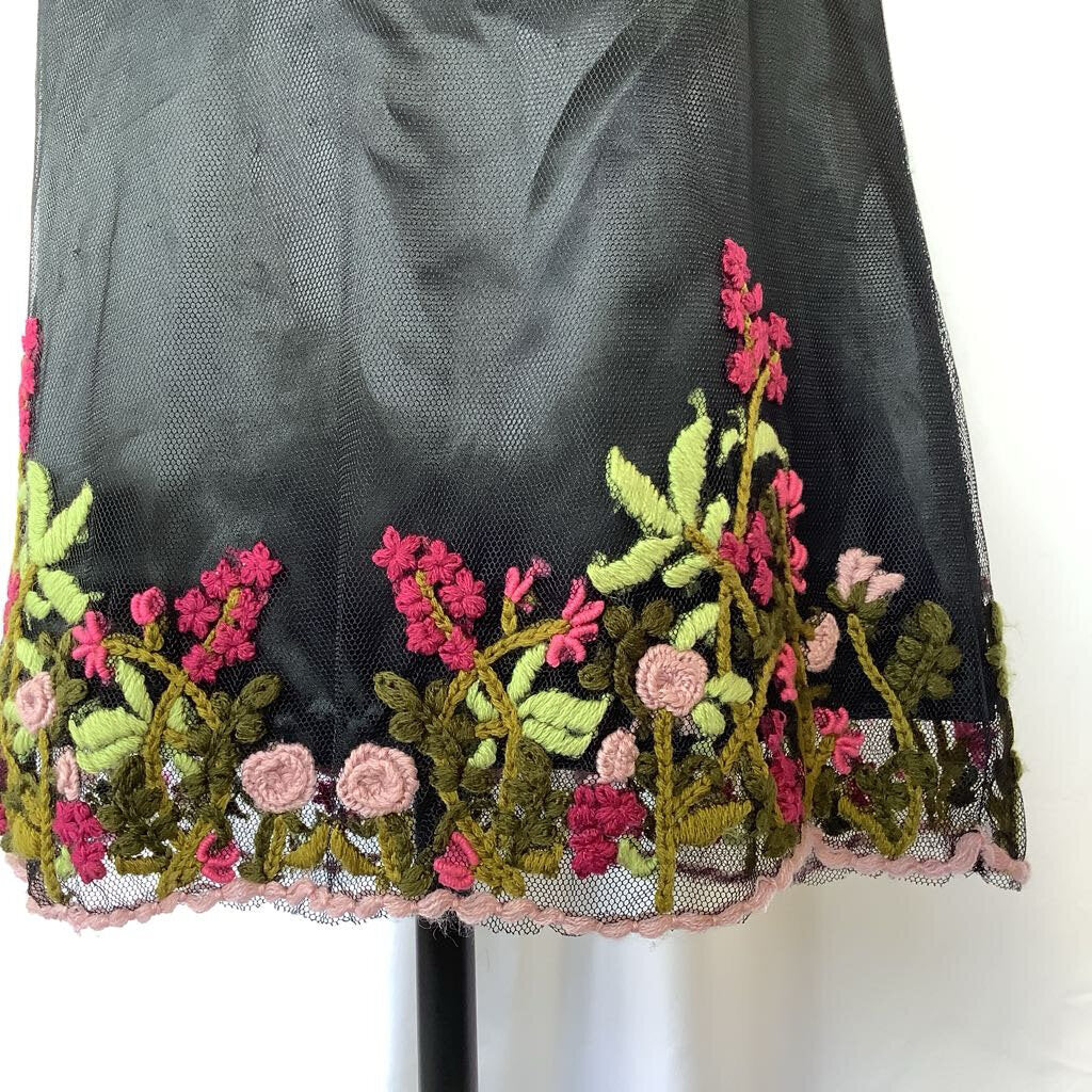 Black Skirt with Sheer Mesh Overlay and Embroidered Hem
